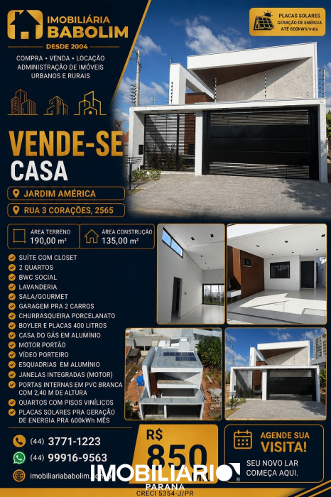 Residência para  venda em Jardim América, Umuarama, 190,00m², com 1 quartos