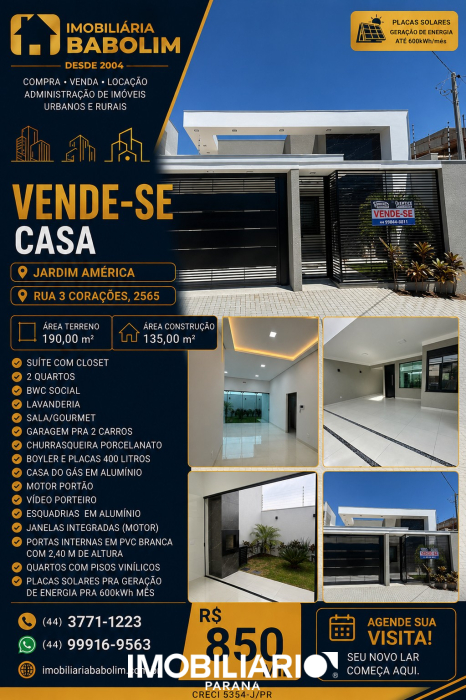 Residência para  venda em Jardim América, Umuarama, 135,00m², com 2 quartos