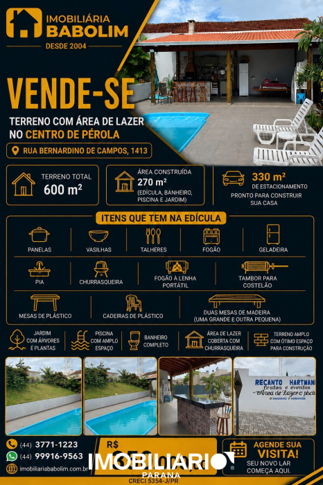 Chácara para  venda em Centro, Pérola, 600,00m²