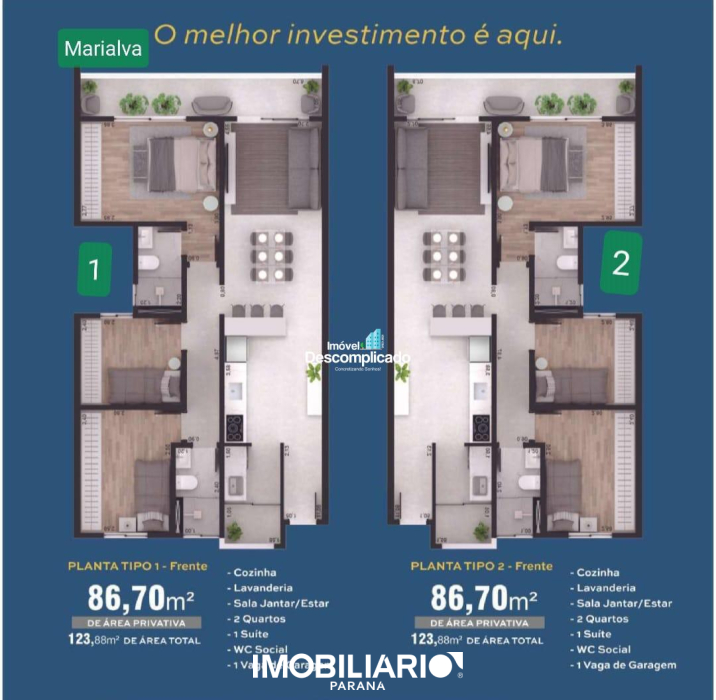 Apartamento para  venda em Zona III, Umuarama, 66,00m², com 1 quartos