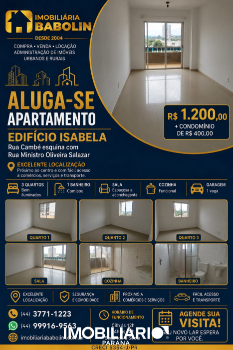 Apartamento para  alugarUmuarama, 80,00m², com 3 quartos